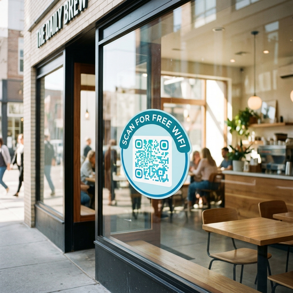 Ededin QR Gen Mockup - Cafe Guest WiFi Decals (Convenient window decals for instant connection.)