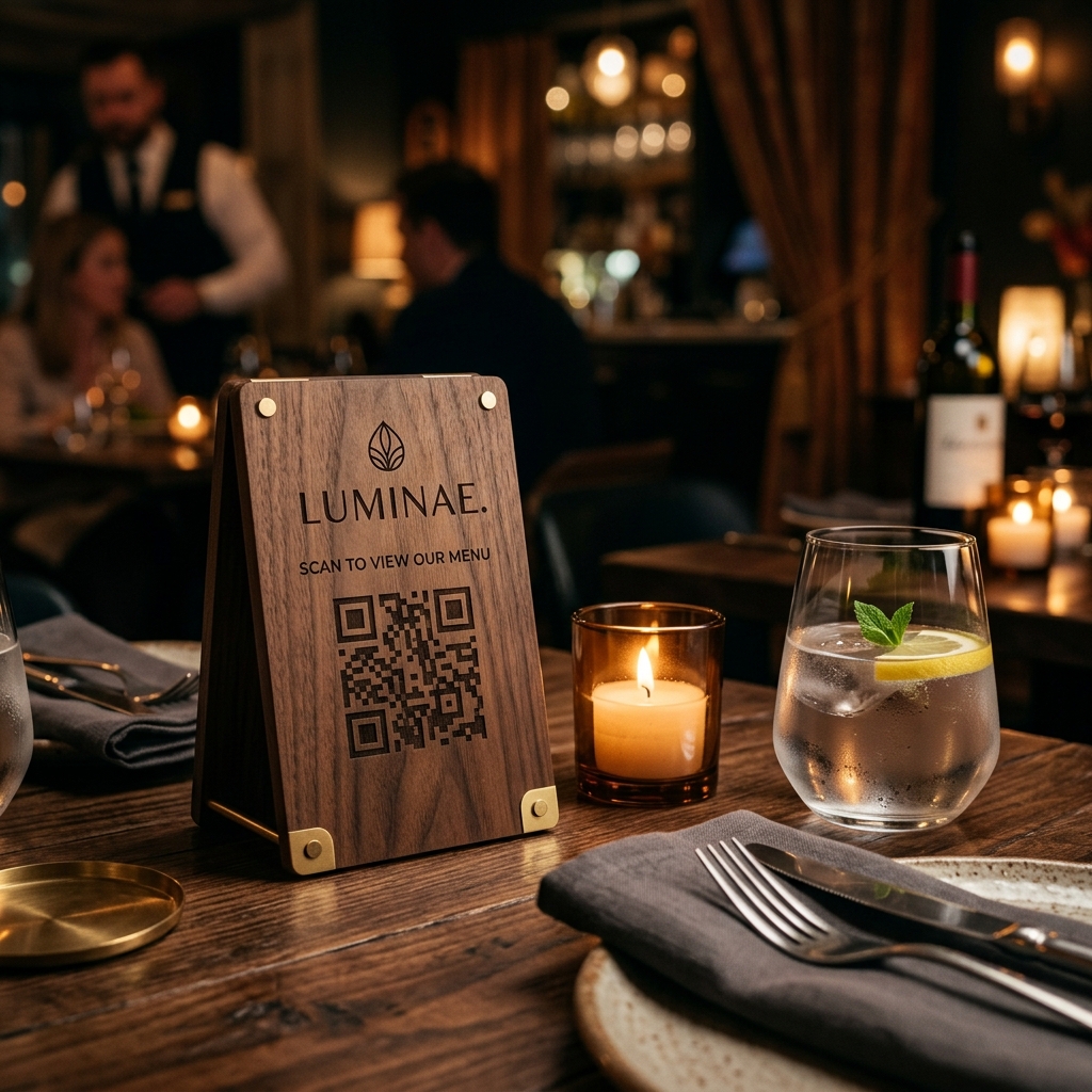 Ededin QR Gen Mockup - Restaurant Digital Menu (Sleek tabletop menu tent displays.)